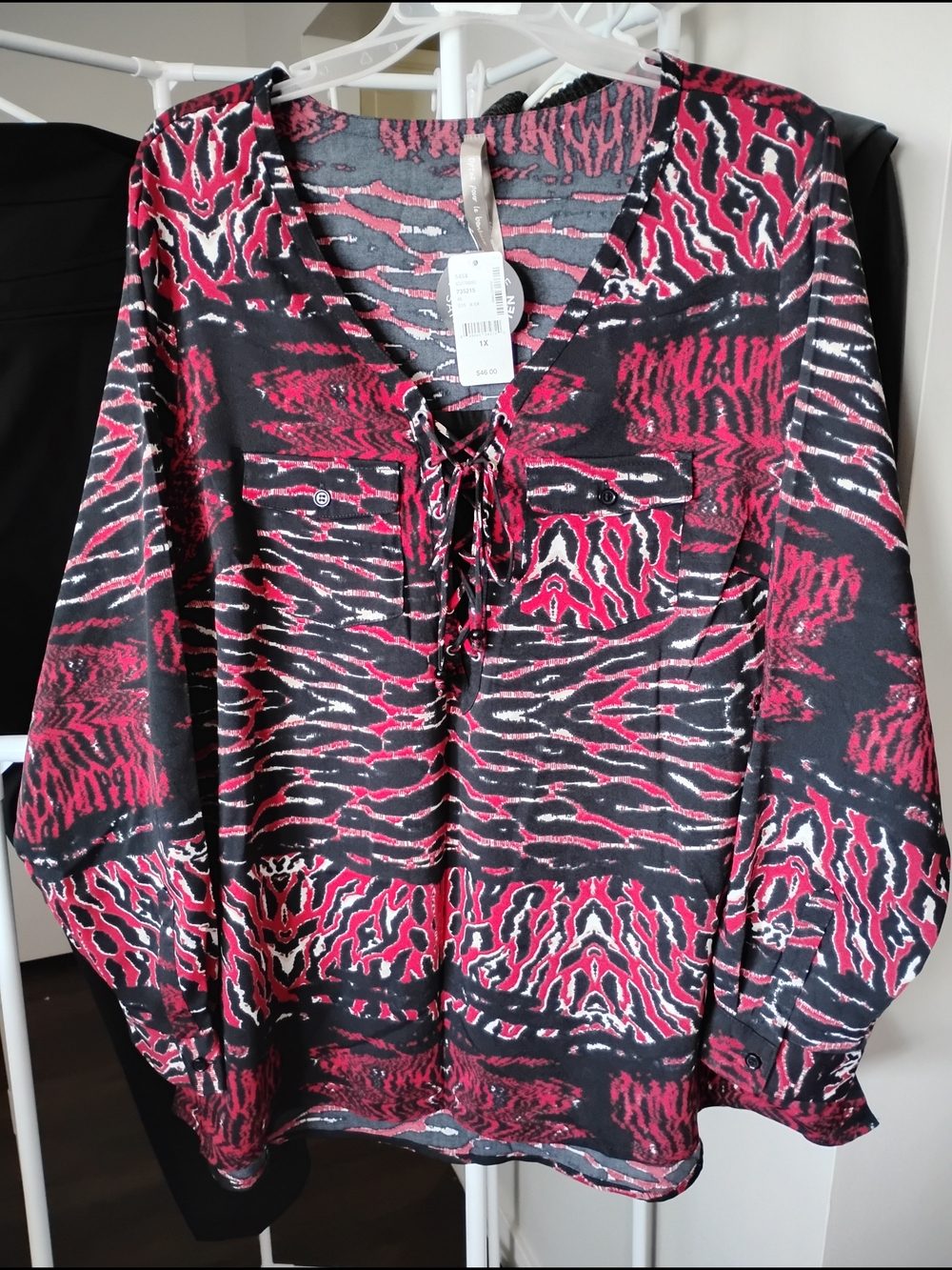 Penningtons Women's Burgundy Lace-Up V-Neck 2 Chest Pockets Animal Print Tunic